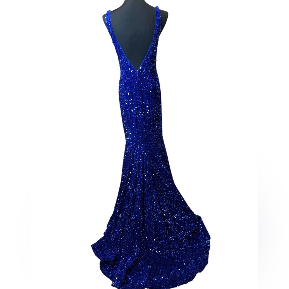 Sherri Hill Royal Blue Sequin on Velvet Prom Formal Dress - Picture 2 of 8